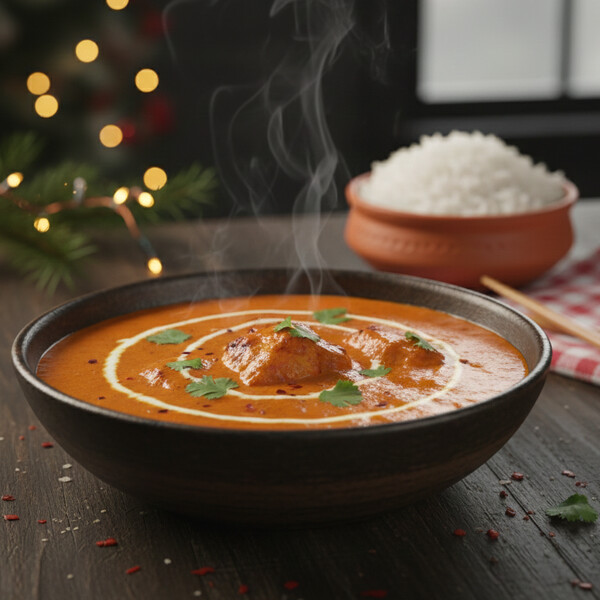 Autentyczny Indyjski Butter Chicken (Murgh Makhani): Soczysty Kurczak Marynowany w Jogurcie i Garam Masali, Zanurzony w Bogatym, Słodko-Pikantnym Sosie Maślanym na Bazie Pomidorów i Orzechów Nerkowca. Podawany z Ryżem Basmati i Chlebkiem Naan.
