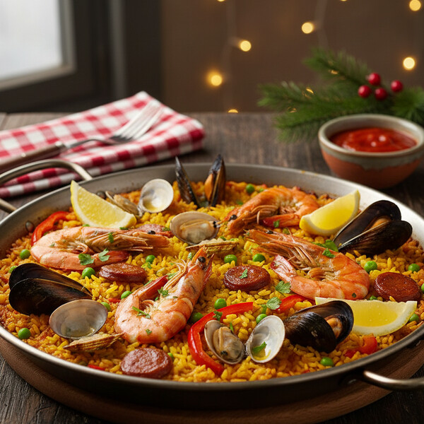 Autentyczna Paella Valenciana: Klasyczne Danie z Walencji z Perfekcyjnie Ugotowanym Ryżem Okrągłoziarnistym (Bomba), Obficie Ozdobione Owocami Morza (Małże, Krewetki), Ziołami i Szafranem. Kluczem Jest Chrupiący Sos Seco na Spodzie.