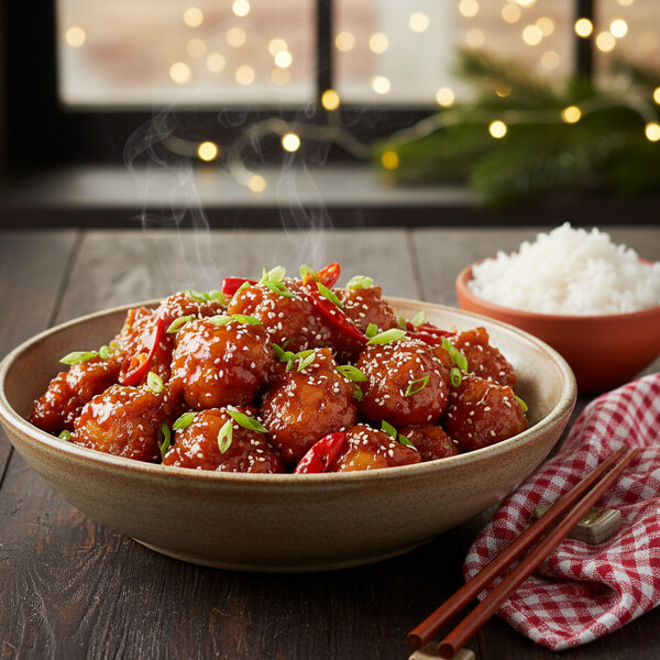 Klasyczny Kurczak Generała Tso: Ikoniczne Chińskie Danie typu Take-Out. Chrupiące Kawałki Kurczaka z Udek, Smażone do Złotej Barwy i Obtoczone w Gęstym, Błyszczącym Sosie, Balansującym Smaki Słodyczy, Kwasu i Syczuańskiej Pikantności.