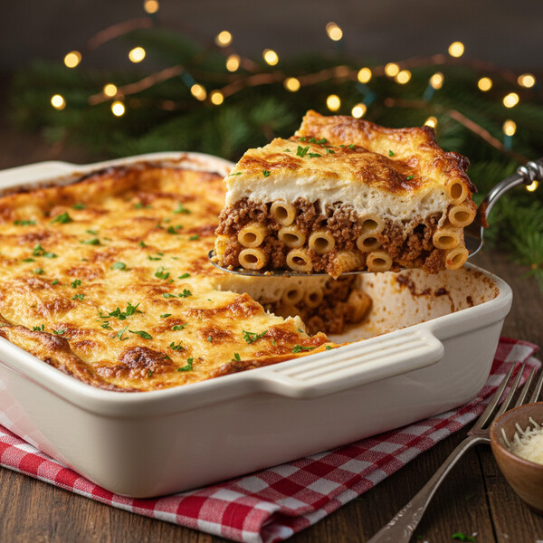 Tradycyjne Greckie Pastitsio: Warstwowy Zapiekany Makaron z Bogatym Sosem Mięsnym z Wołowiny i Odrobiny Cynamonu, Całość Przykryta Grubą, Kremową Kołderką Szafranowego Beszamelu – Sycąca i Idealna Kolacja w Stylu Greckim.