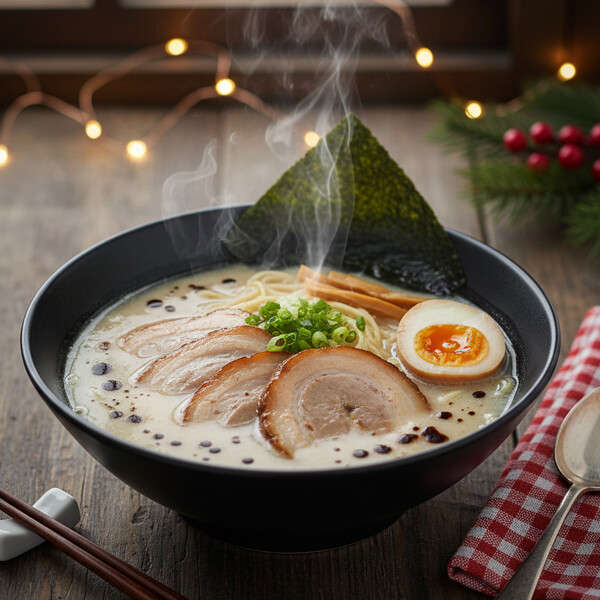 Autentyczny Japoński Ramen Tonkotsu: Bogaty i Mętny Bulion Wieprzowy (Gotowany 12+ Godzin), Perfekcyjny Makaron Ramen, Soczysty, Wolno Gotowany Boczek Chashu oraz Aromatyczny Koncentrat Smaku (Tare) i Jajko Ajitama. Popularne i Wymagające Danie.