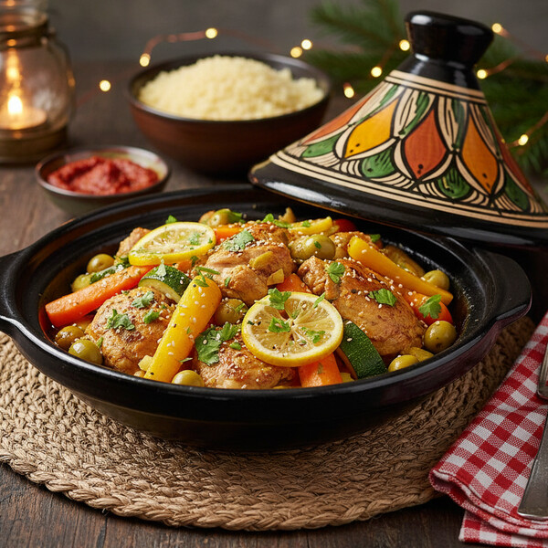 Autentyczny Marokański Tagine z Kurczakiem: Wolno Duszony Kurczak w Aromatycznym Sosie z Kiszonych Cytryn, Zielonych Oliwek, Świeżej Kolendry i Słynnej Mieszanki Przypraw Ras el Hanout.