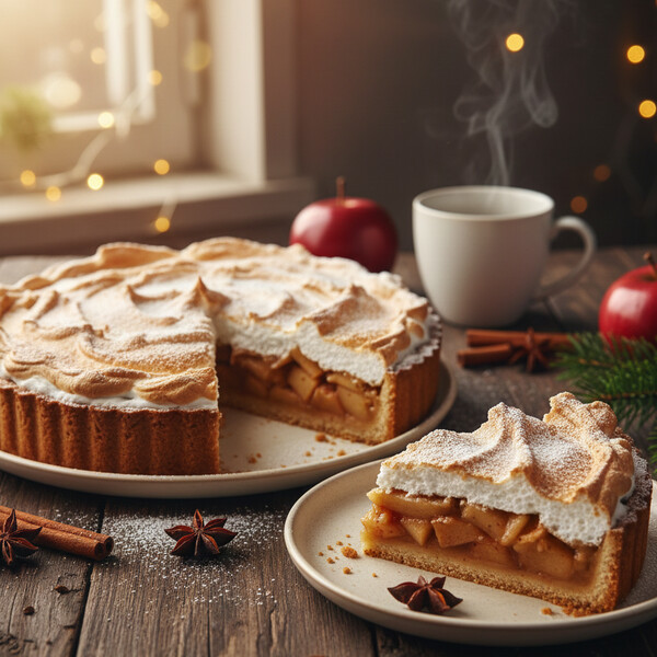 Krucha Szarlotka z Bezą: Wilgotna Warstwa Aromatycznych, Prażonych Jabłek z Cynamonem, Osadzona na Delikatnym Kruchym Spodzie i Pokryta Puszystą, Lekko Zarumienioną Bezową Pianką.