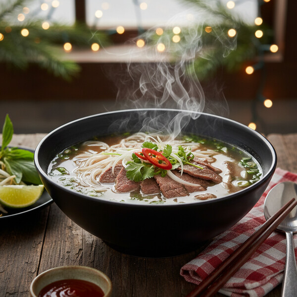 Autentyczny Wietnamski Bulion Pho Bo: Aromatyczna Zupa z Wołowiną, Długo Gotowany, Klarowny Bulion na Bazie Kości, Wzbogacony Opalanym Imbirem i Anyżem Gwiaździstym. Serwowany z Makaronem Ryżowym i Świeżymi Ziołami – Esencja Wietnamskiego Street Foodu.