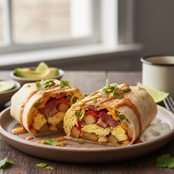 Sycące i Pełne Smaku Śniadaniowe Burrito: Podgrzewane Tortille Wypełnione Kremową Jajecznicą, Czarną Fasolą, Serem, Awokado i Świeżą Kolendrą