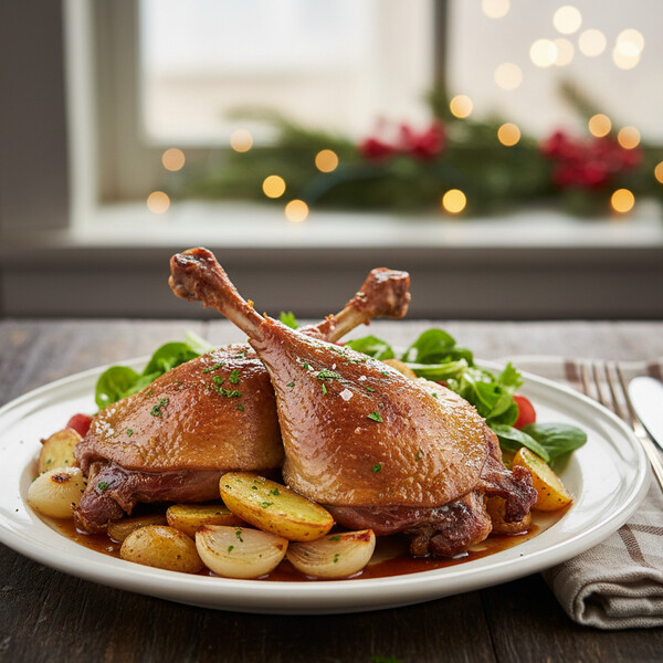 Autentyczne Francuskie Confit de Canard: Udka Kaczki Konfitowane Powoli w Własnym Tłuszczu, Marynowane Ziołami i Czosnkiem, Zapewniające Niezrównaną Soczystość Mięsa i Chrupiącą Skórkę