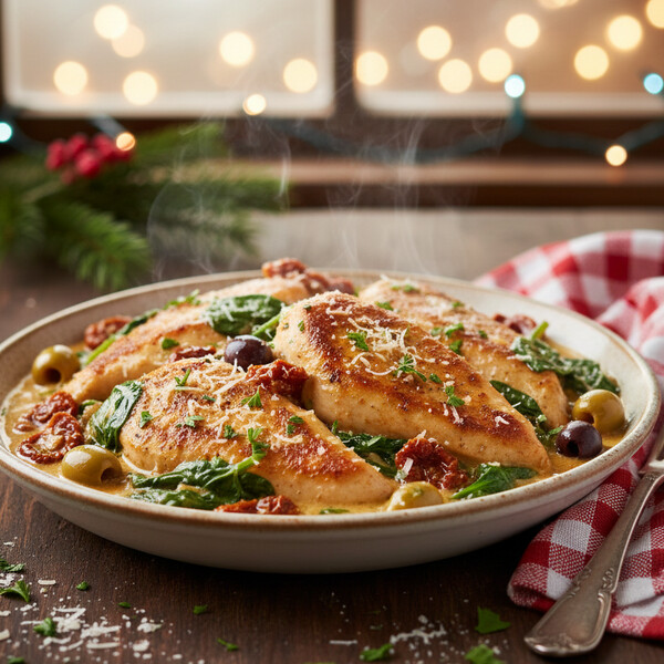 Kremowy kurczak po toskańsku w sosie śmietanowym z czosnkiem, szpinakiem i suszonymi pomidorami – aromatyczna kolacja w stylu włoskim