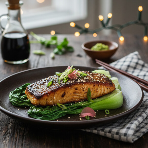 Wykwintny Pieczony Dorsz Glazurowany Atramentem Ośmiornicy – Intensywnie Czarny, Błyszczący i Słony. Podawany z Domowym Pesto Pistacjowym, które Zapewnia Zaskakującą, Słodko-Słoną Kontrę. Idealne Danie Fine Dining na Elegancką Kolację.