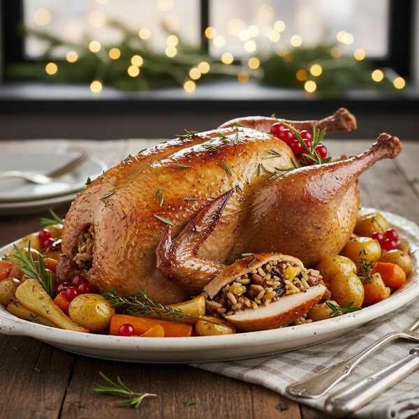 Świąteczna Perliczka Faszerowana: Delikatne Mięso Perliczki z Aromatycznym Farszem na Bazie Boczniaków, Suszonych Grzybów, Kasztanów i Wina Porto, Pieczona do Złotej, Chrupiącej Skórki