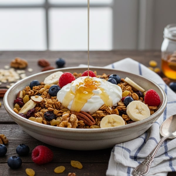 Chrupiąca Domowa Granola Pieczona: Płatki Owsiane, Orzechy, Nasiona, Przyprawy Korzenne i Syrop Klonowy – Idealna na Zdrowe Śniadanie