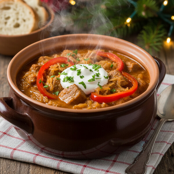 Bogaty Gulasz Segedyński (Székelygulyás): Delikatne Kawałki Wieprzowiny Duszone z Kiszona Kapustą, Obficie Przyprawione Słodką Węgierską Papryką, Serwowany z Kleksem Gęstej Śmietany – Idealny, Sycący Comfort Food na Chłodne Wieczory