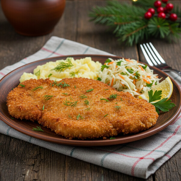 Tradycyjny Polski Kotlet Schabowy: Soczyste Mięso w Złocistej, Chrupiącej Panierce, Podawany z Maślanymi Ziemniakami i Aromatyczną Kapustą Zasmażaną – Obiad jak u Babci