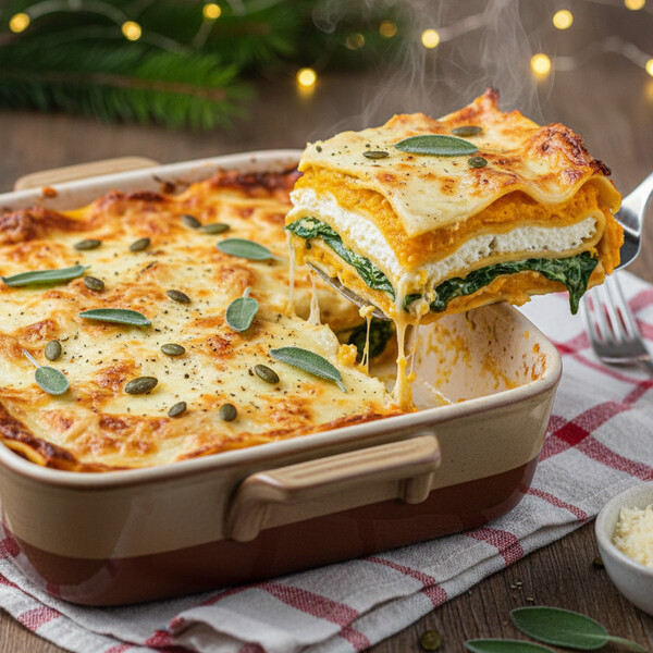 Aksamitna Włoska Lasagne: Warstwy Delikatnego Makaronu Przełożone Kremowym Farszem z Pieczonej Dyni, Ricotty, Szpinaku i Beszamelu z Gałką Muszkatołową – Jesienna, Elegancka Alternatywa dla Klasycznej Lasagne Bolońskiej