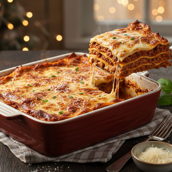 Autentyczna Włoska Lazania Bolognese: Bogaty, Długo Duszony Sos Mięsny, Aksamitny Sos Beszamelowy, Warstwy Świeżego Makaronu i Roztopiony Ser – Idealna na Rodzinny Obiad