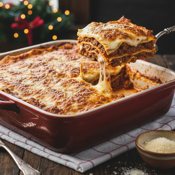 Klasyczna Włoska Lazania Bolońska: Warstwy Delikatnego Makaronu, Gęstego, Długo Gotowanego Ragu z Mięsa Mielonego, Kremowego Sosu Beszamelowego i Obfitości Parmezanu – Idealna na Uroczysty Obiad