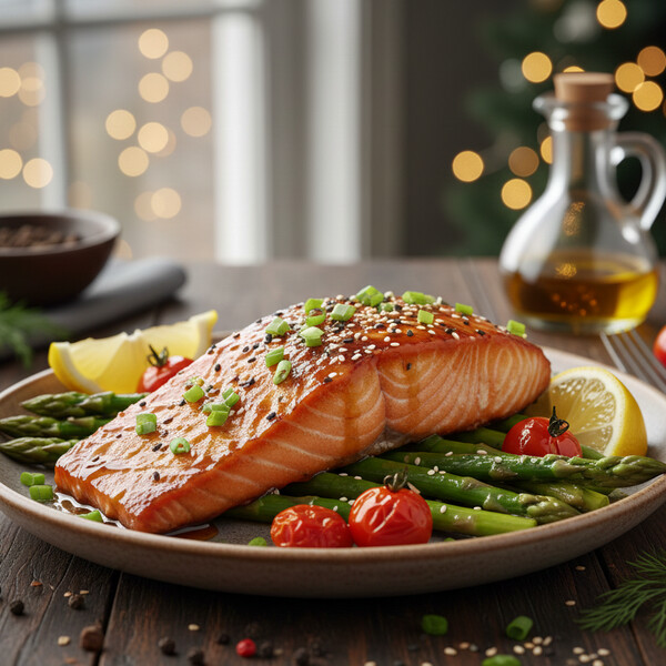 Soczysty Łosoś Pieczony w Miodowo-Musztardowej Glazurze z Czosnkiem i Świeżym Tymiankiem – Danie Szybkie, Zdrowe i Pełne Smaku, Idealne na Rodzinny Obiad lub Kolację