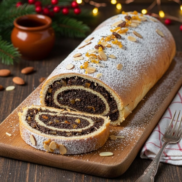 Tradycyjny, Puszysty Staropolski Makowiec Zawijany z Gęstą, Aromatyczną Masą Makową, Rodzynkami i Skórką Pomarańczową, Polany Słodkim Lukrem