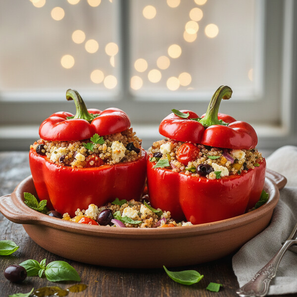 Papryki faszerowane komosą quinoa, fetą i ziołami w stylu śródziemnomorskim – aromatyczna kolacja
