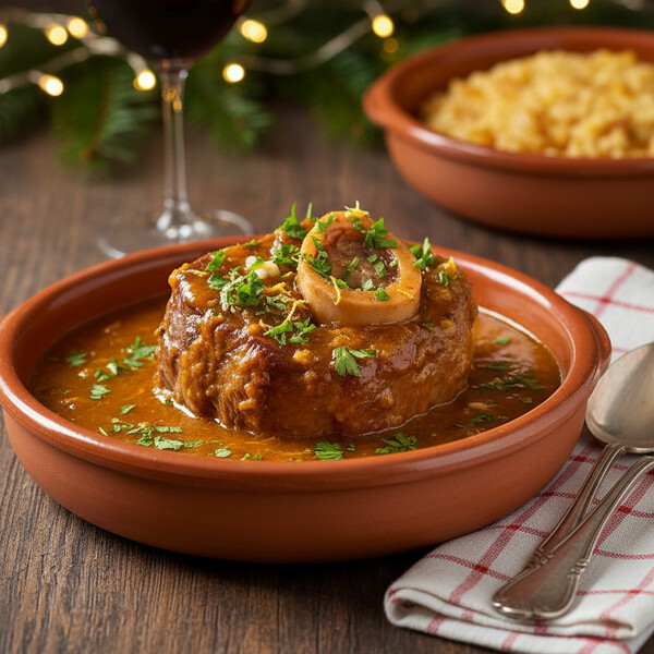 Autentyczne Ossobuco alla Milanese: Długo Duszone Golenie Cielęce w Sosie z Białego Wina, Bulionu i Pomidorów, Wykończone Aromatyczną, Świeżą Gremolatą (Natka, Czosnek, Cytryna). Tradycyjnie Podawane z Ryżem Szafranowym.