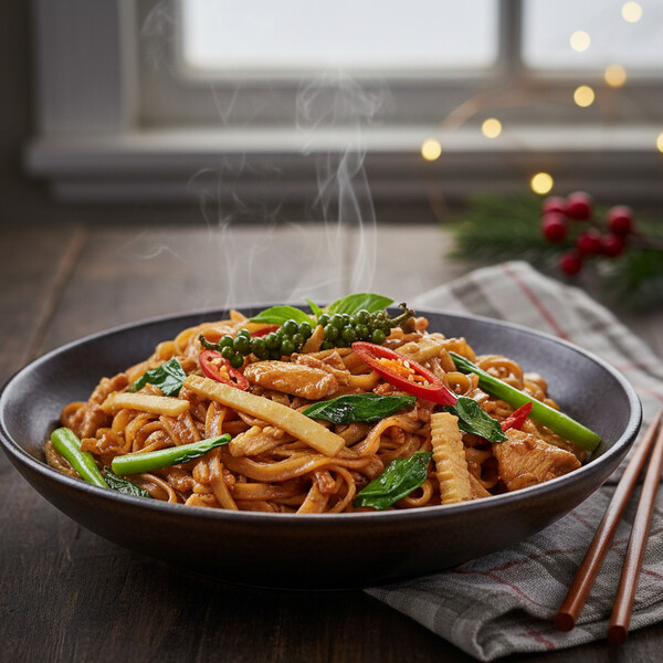 Autentyczne Tajskie Pad Kee Mao (Pijany Makaron): Szeroki Makaron Ryżowy Stir-fry z Cienkimi Plasterkami Wołowiny, Ekstremalnie Pikantny, z Bazylią Tajską i Sosem na Bazie Sosu Rybnego i Ciemnego Słodkiego Sosu Sojowego – Danie z Charakterem.