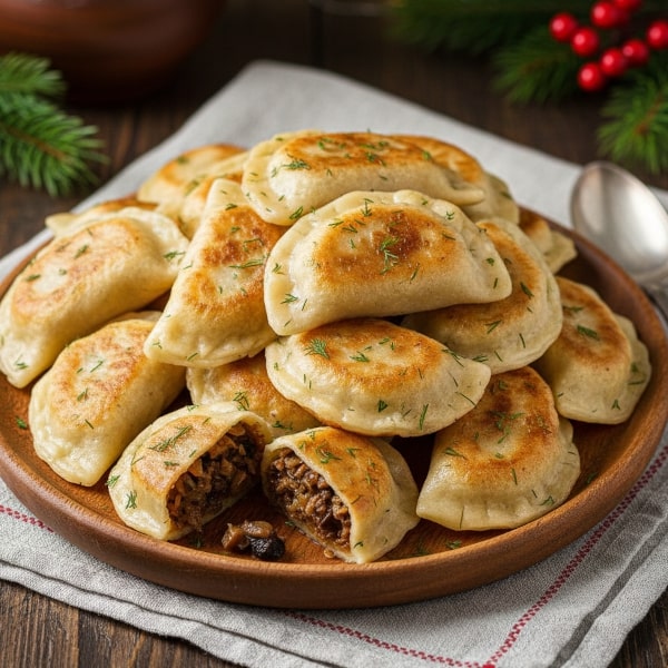 Tradycyjne Postne Pierogi Wigilijne z Delikatnym, Parzonym Ciastem i Intensywnie Grzybowym Farszem z Kiszonych Kapusty