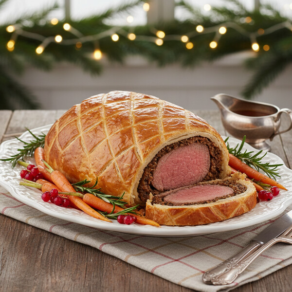 Wykwintna Polędwiczka Wieprzowa Wellington: Soczysta Polędwiczka Obsmażona i Otulona Aromatycznym Farszem Grzybowym (Duxelles) oraz Chrupiącym Ciastem Francuskim, Podawana z Gęstym Sosem na Bazie Czerwonego Wina i Bulionu