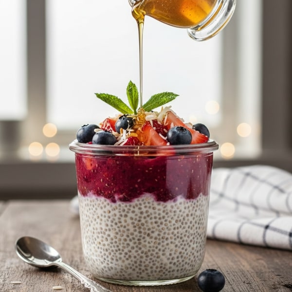 Kremowy i Odżywczy Pudding Chia: Nasiona Chia Namoczone w Mleku Kokosowym, Warstwowane z Musem Jagodowym – Idealne do Przygotowania Wieczorem (Overnight Breakfast)