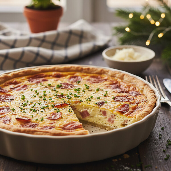 Klasyczna, Autentyczna Quiche Lorraine: Wytrawna Tarta z Idealnie Kruchym Spodem, Wypełniona Kremowym Nadzieniem (Migaine) z Jajek, Gęstej Śmietany i Chrupiącego Wędzonego Boczku – Ikona Kuchni Francuskiej, Idealna na Kolację lub Brunch.