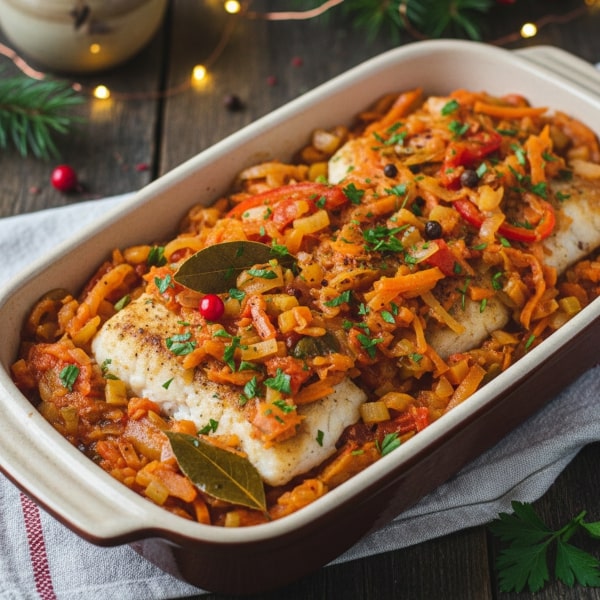 Tradycyjna Ryba po Grecku z Filetem z Mintaja/Dorsza, Zatopiona w Aromatycznym Sosie Warzywnym z Dużą Ilością Marchewki, Selera i Koncentratu Pomidorowego