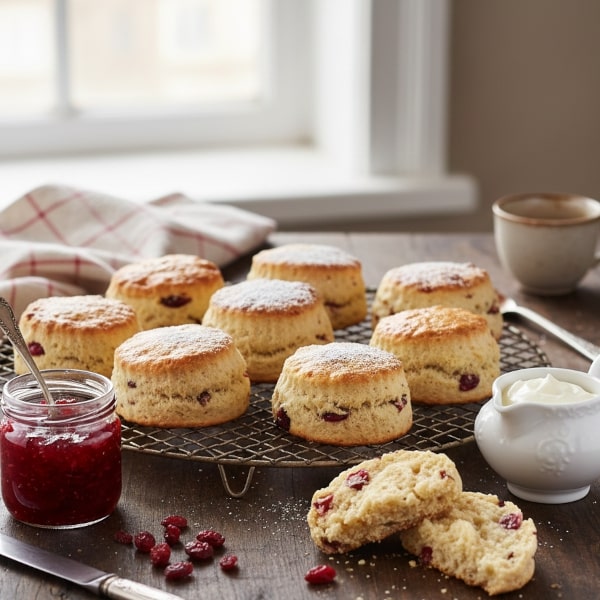 Tradycyjne Szkockie Scones: Puszyste, Kruche Bułeczki Przygotowane z Mrożonym Masłem, Pełne Kawałków Żurawiny i Aromatycznej Skórki Pomarańczowej – Idealne na Brunch