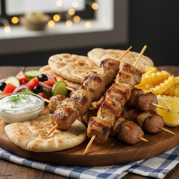 Autentyczne Greckie Souvlaki: Soczyste Kawałki Wieprzowiny Marynowane w Aromatycznych Ziołach, Oliwie i Cytrynie, Grillowane do Perfekcji, Podawane z Chłodzącym, Domowym Sosem Tzatziki