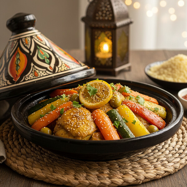 Autentyczny Marokański Tadżin: Kurczak Duszone z Cytryną Konserwową, Szafranem, Zielonymi Oliwkami i Mieszanką Przypraw Ras el Hanout – Bogaty, Aromatyczny i Sycący Obiad Jednogarnkowy