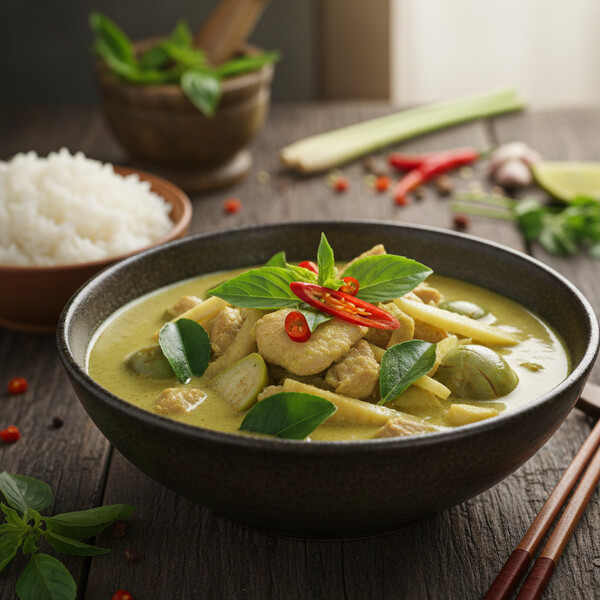 Autentyczne Tajskie Zielone Curry: Intensywnie Aromatyczny Sos Kokosowo-Zielony z Delikatnymi Kawałkami Kurczaka, Bambusem, Papryką i Liśćmi Limonki Kaffir – Idealne z Ryżem Jaśminowym