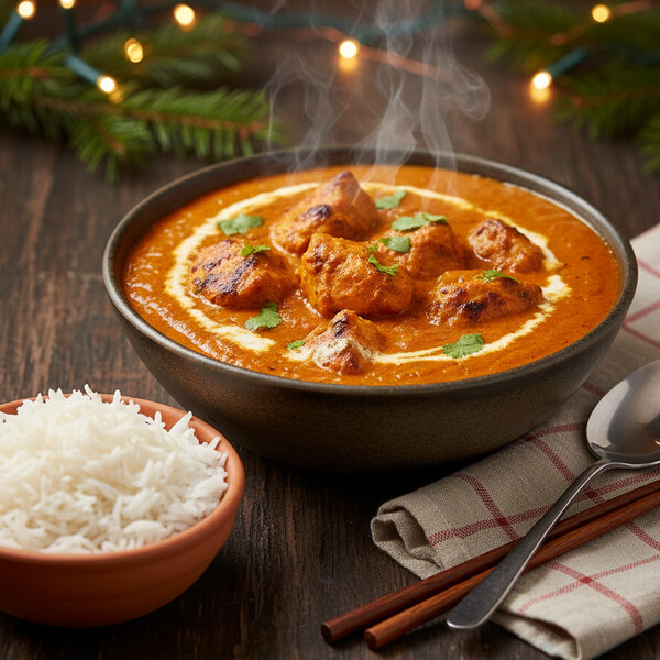 Kremowe, Aromatyczne Curry Tikka Masala z Ciecierzycą: Roślinna Wersja Klasycznego Indyjskiego Dania. Soczysta Ciecierzyca Duszona w Gęstym Sosie Pomidorowo-Jogurtowym, Przyprawionym Obficie Garam Masalą, Imbirem i Kolendrą – Idealny