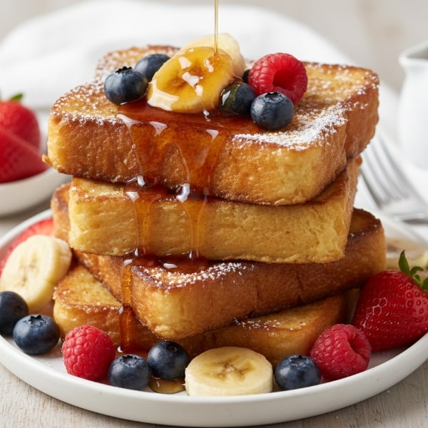 Puszyste i Aromatyczne Tosty Francuskie z Chałki, Nasączone Słodkim Jajkiem i Mlekiem, Smażone do Złotego Koloru – Podane z Sezonowymi Owocami i Syropem