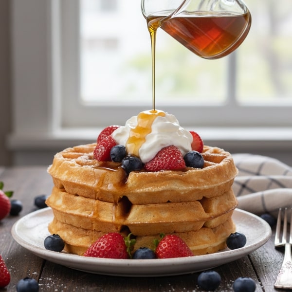 Autentyczne Puszyste Waffle Belgijskie (Gofry Liege) na Drożdżach, Zewnętrznie Chrupiące, Wewnętrznie Miękkie – Idealne z Owocami i Bita Śmietaną