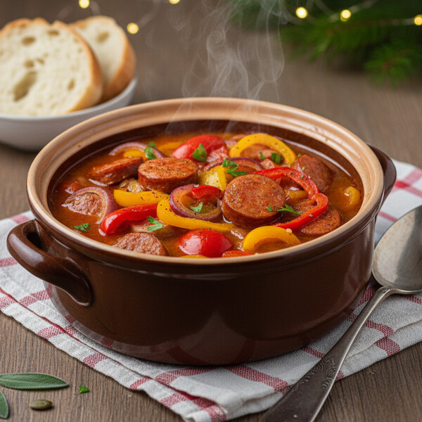 Autentyczne Węgierskie Leczo (Lecsó): Klasyczne Danie Jednogarnkowe z Dużą Ilością Papryki, Pomidorów i Cebuli, Gotowane na Tłuszczu z Wędzonego Boczku, z Dodatkiem Ostro-Słodkiej Węgierskiej Papryki i Pikantnej Kiełbasy (Kolbász) – Bogaty, Sycący Obiad