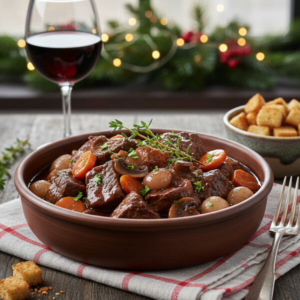 Autentyczne Boeuf Bourguignon: Kawałki Wołowiny Długo Duszone w Aromatycznym Czerwonym Winie Burgundzkim z Boczkiem, Grzybami, Małymi Cebulkami i Marchewką – Bogaty, Sycący Obiad