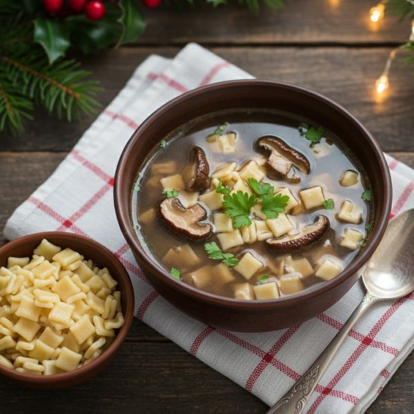 Esencjonalna Wigilijna Zupa Grzybowa na Bulionie z Suszonych Borowików z Dodatkiem Delikatnej Śmietany i Puszystych Łazanek