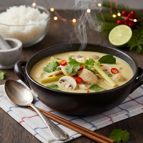 Autentyczna Tajska Zupa Kokosowa Tom Kha Gai: Delikatny Kurczak i Grzyby Pływające w Aksamitnym Bulionie na Bazie Mleka Kokosowego, Galangalu, Trawy Cytrynowej i Liści Kaffiru – Idealnie Zrównoważony Smak